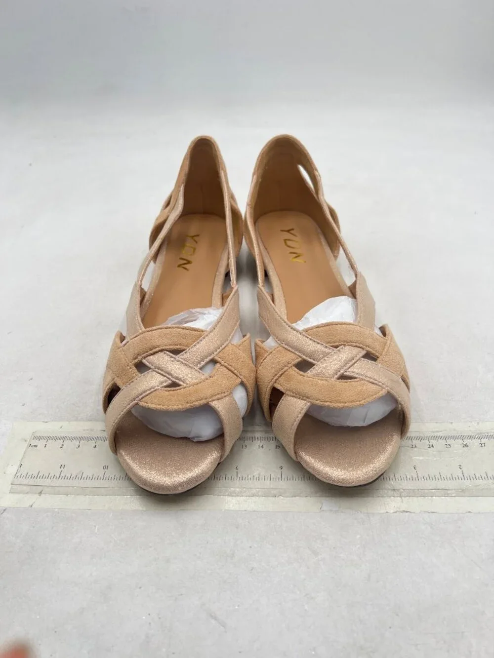 YDN Tan Braid Pumps Cutout Sandals Slip On Flats Chunky Low Heels Peep Toe Prom